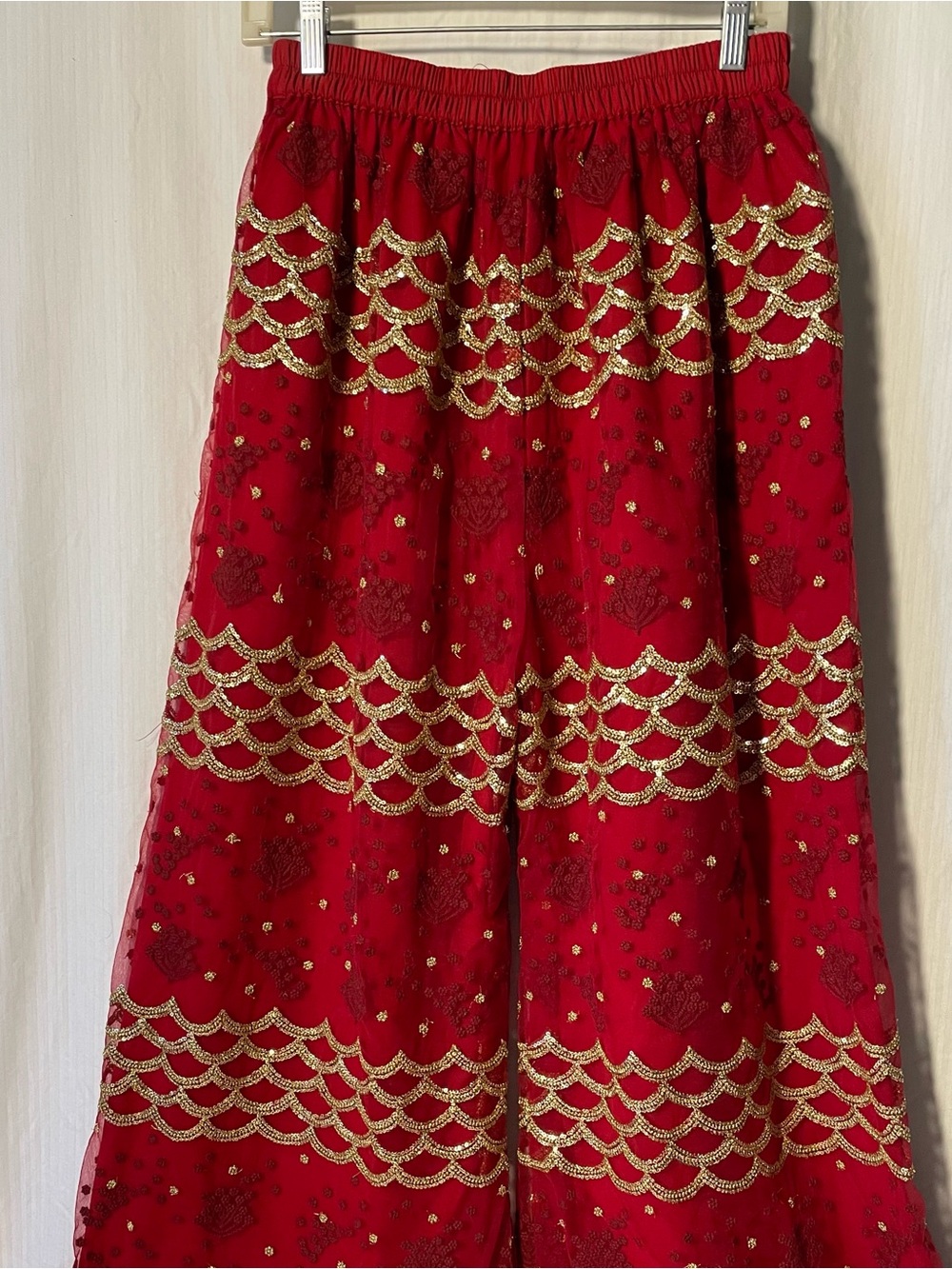 Red Embroidered wide leg pants with Gold Sequin Accents